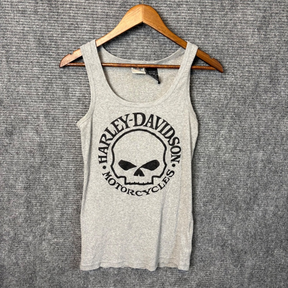 Harley-Davidson Willie G Skull Ribbed Tank Top Womens L Gray Graphic Biker Y2K